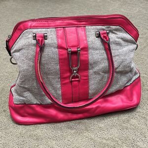 London Fog Simulated Leather Pink & Woven Satchel Purse with Long Strap